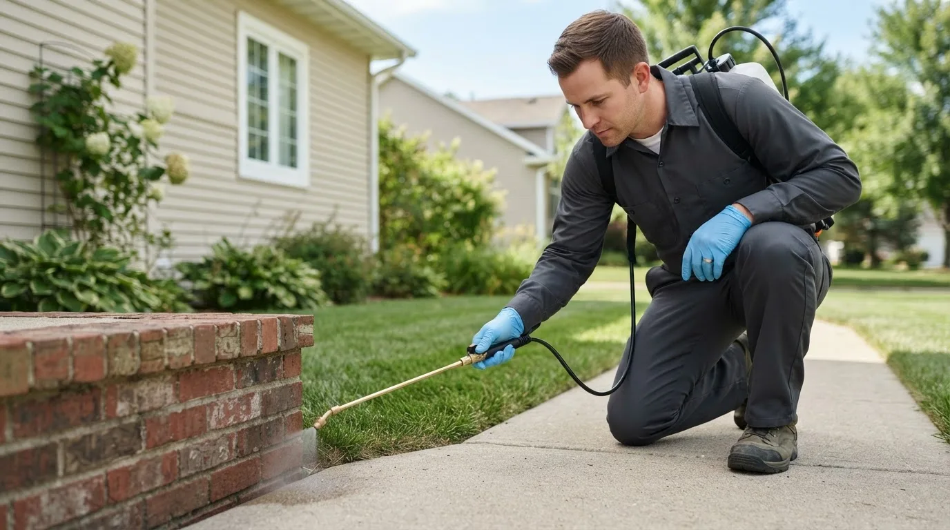 Pest control technician treating a home near Nyssa, OR